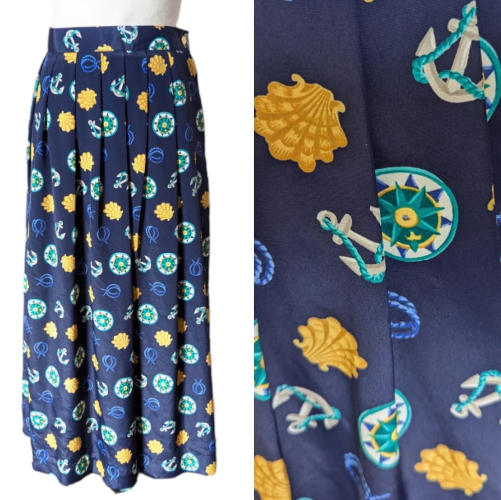 Vintage Leslie Fay Skirt Navy Blue 14 Nautical Pleated Pull On New Old Stock 80s